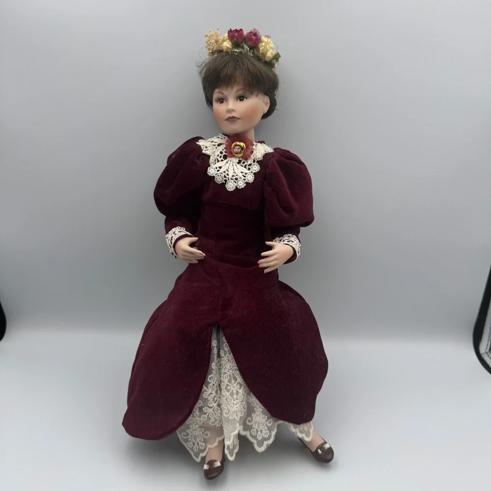 Vintage‎ Porcelain Doll Victorian Burgundy Velvet Dress Floral Hairpiece W Chair